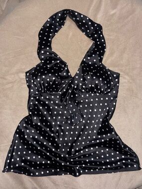 Spense Black Polka Dot Satin Halter Top